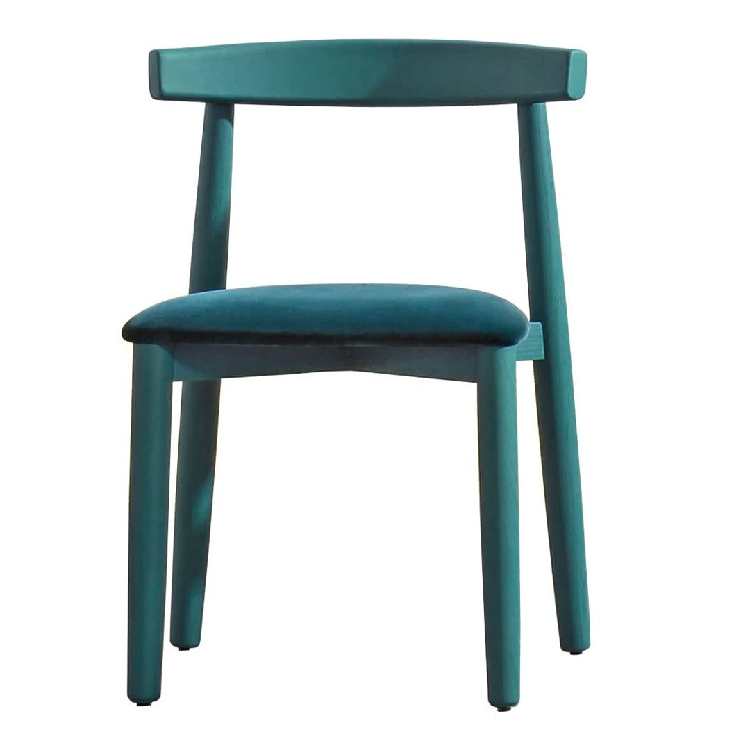 Teal wooden chair with a minimalist design and solid color, featuring a smooth finish and simple lines.