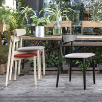 "Two modern chairs: one with a neutral wood finish and red cushion, the other in sleek black with a light gray seat."