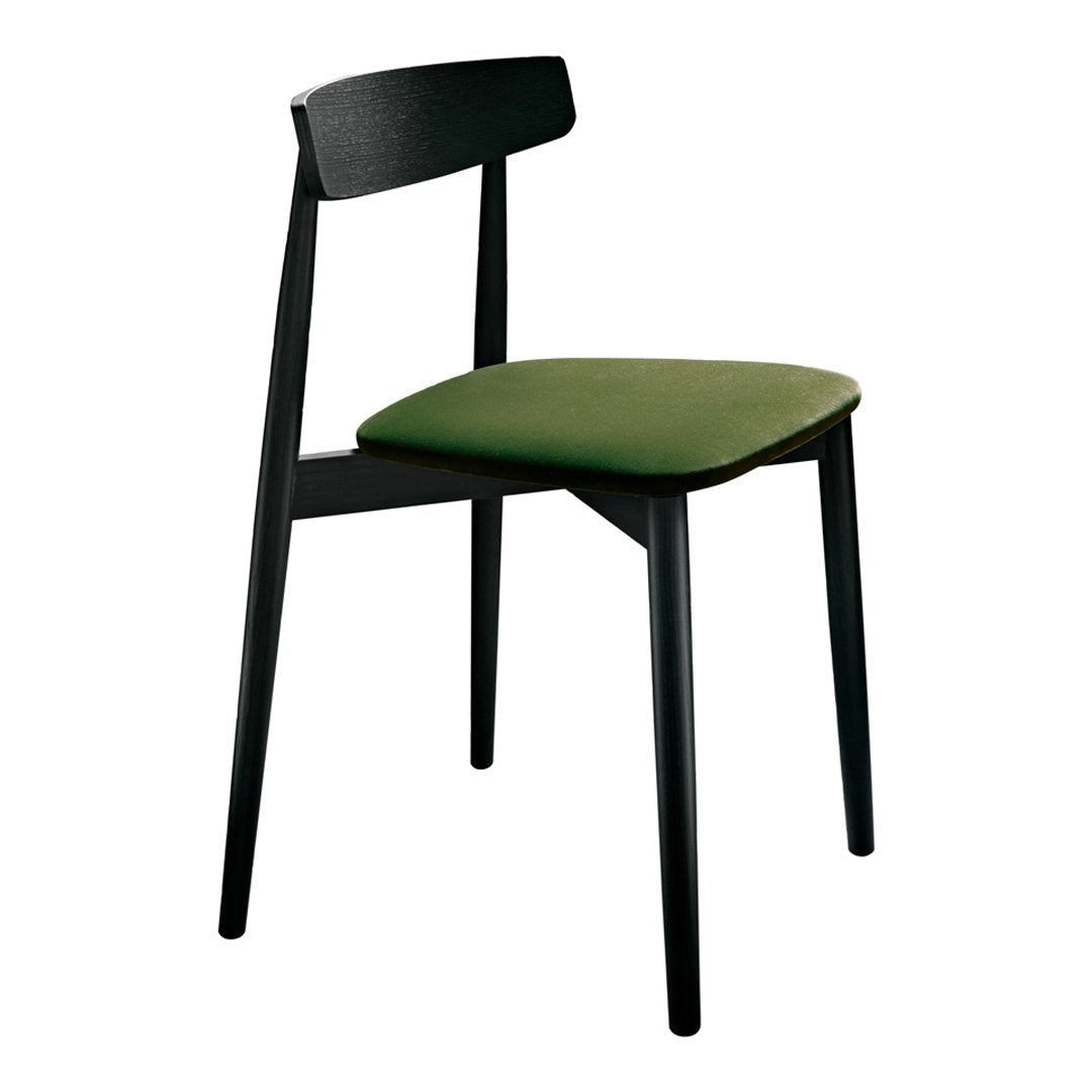 Black wooden chair with a solid green seat, featuring a minimalist design and sleek lines.