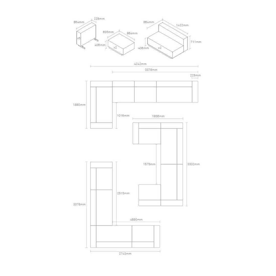 White outline of a sectional sofa with minimalistic design, featuring clean lines and no color or pattern details.