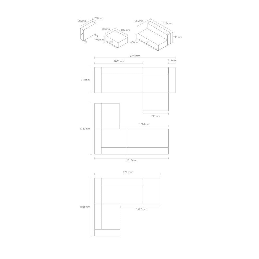 Line drawing of a sectional sofa in neutral tones, featuring a modern geometric pattern. Dimensions and layout included.