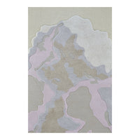 Abstract area rug featuring soft pastels, including light pink, gray, and beige with fluid, organic patterns.