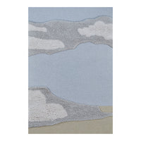 Light blue area rug featuring abstract cloud patterns in gray and beige for a serene atmosphere.