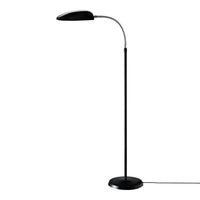 Sleek black floor lamp with a curved neck and minimalist design, featuring a glossy finish and sturdy base.