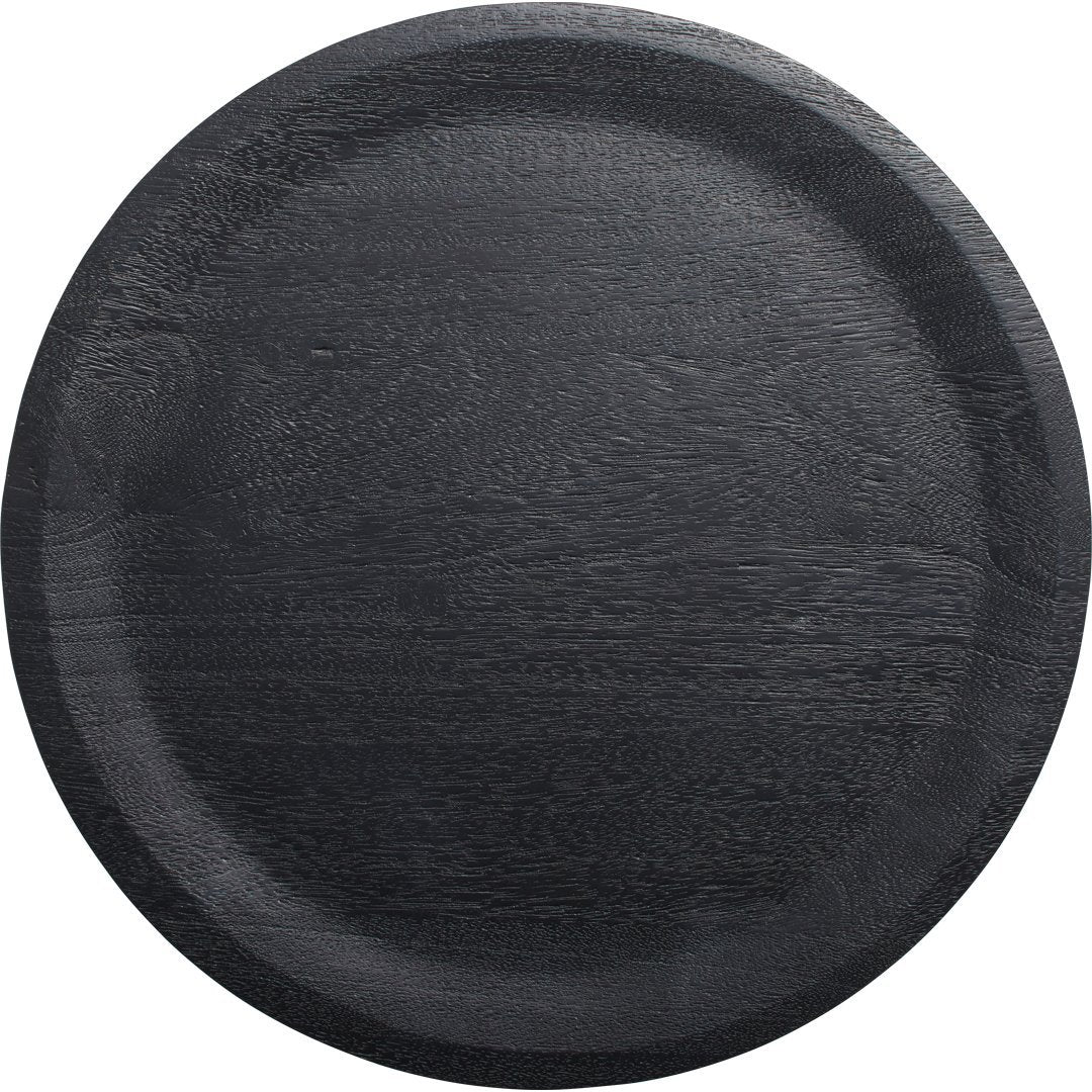 Round black wooden serving tray with a smooth finish and subtle grain patterns. Perfect for chic dining.