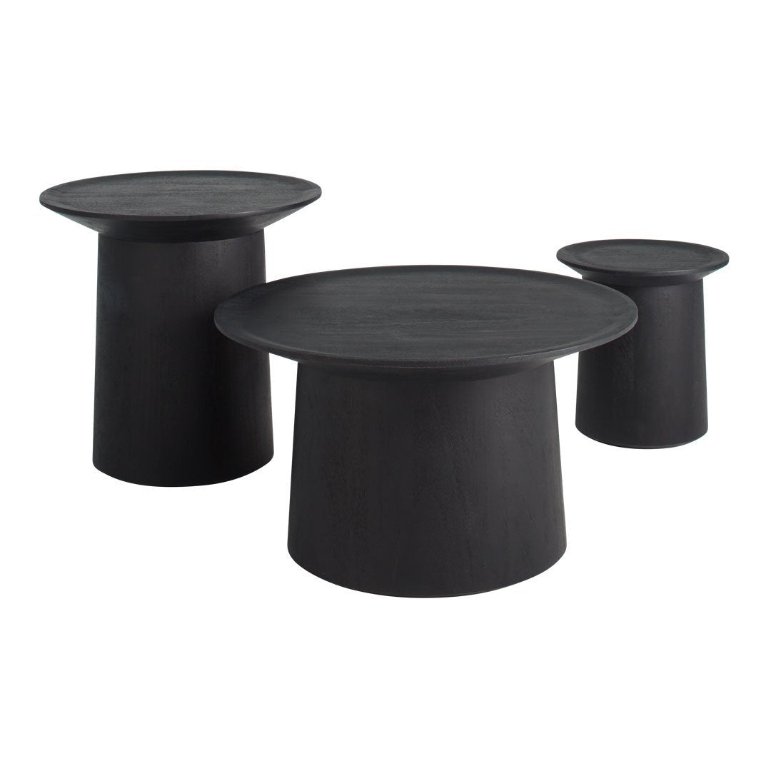 Set of three modern black end tables with circular tops and cylindrical bases, featuring a sleek, minimalist design.