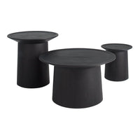 Set of three modern black end tables with circular tops and cylindrical bases, featuring a sleek, minimalist design.