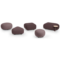 Set of five modern seating pieces in rich brown tones with smooth, rounded shapes and minimalistic design.