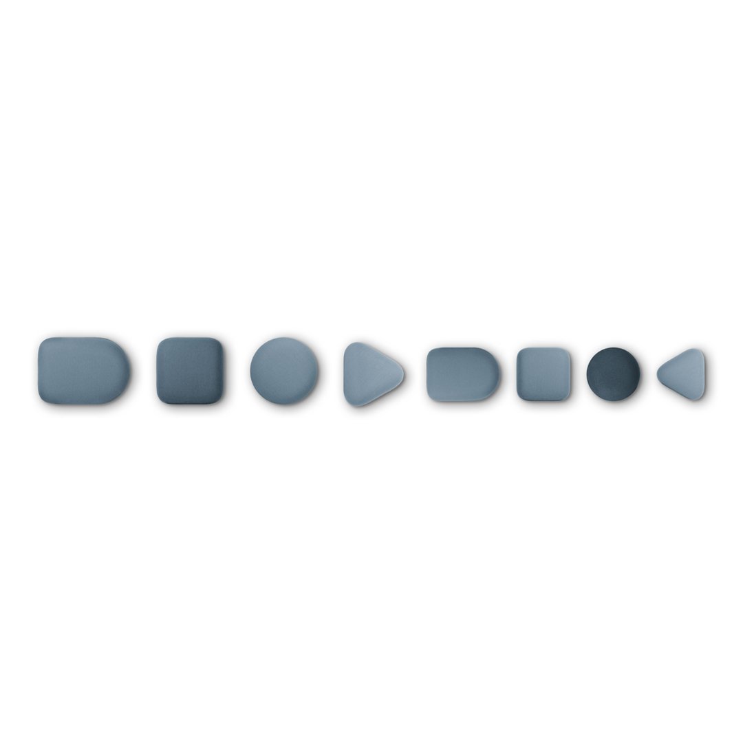 Set of ten geometric shapes in varying shades of blue and gray on a white background.