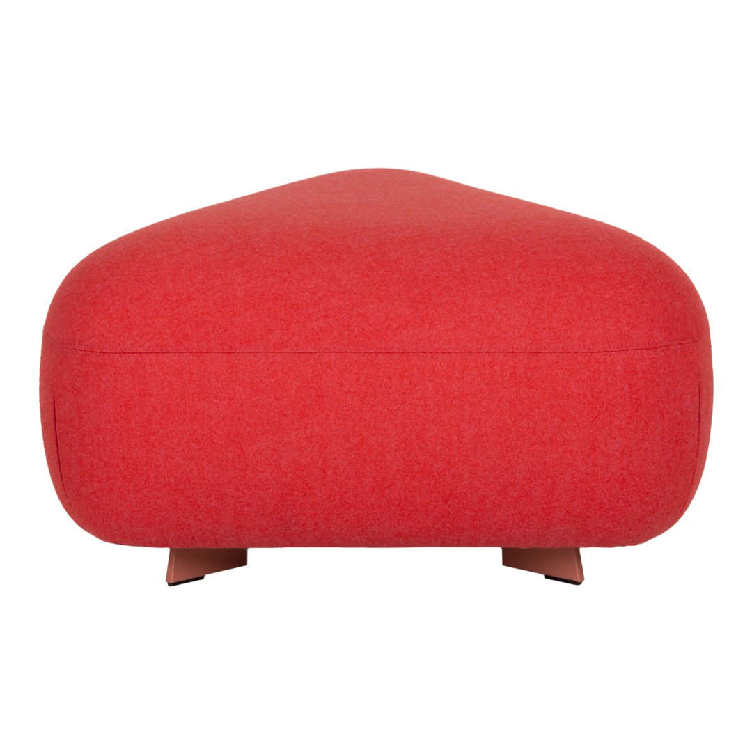 "Vibrant red upholstered ottoman with a smooth, rounded shape and wooden legs."