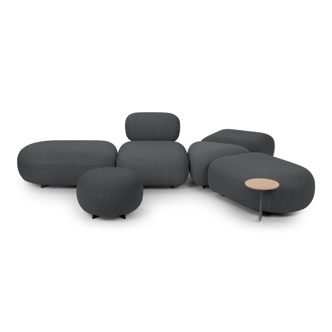 Gray modular sofa with smooth, rounded shapes and a minimalist design, featuring a light wood accent table.