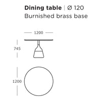 Burnished brass base dining table with a sleek round top, perfect for modern interiors. Elegant and stylish design.