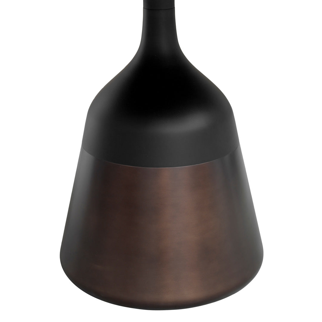 Matte black and copper pendant light with a sleek, modern design and smooth color transition.