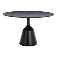 Black round dining table with a textured surface and a sleek, cone-shaped base. Modern and minimalist design.