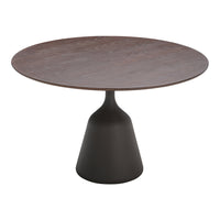 Round wooden table with a rich brown finish and a sleek black conical base, featuring minimalist design and smooth textures.