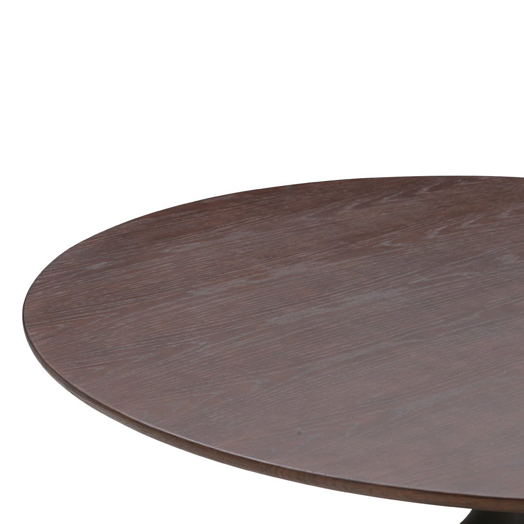 Round wooden table top featuring a rich dark brown finish with a smooth, glossy surface.