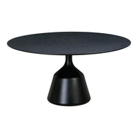 Round black coffee table with a textured surface and a sleek, tapered base, offering a modern minimalist design.