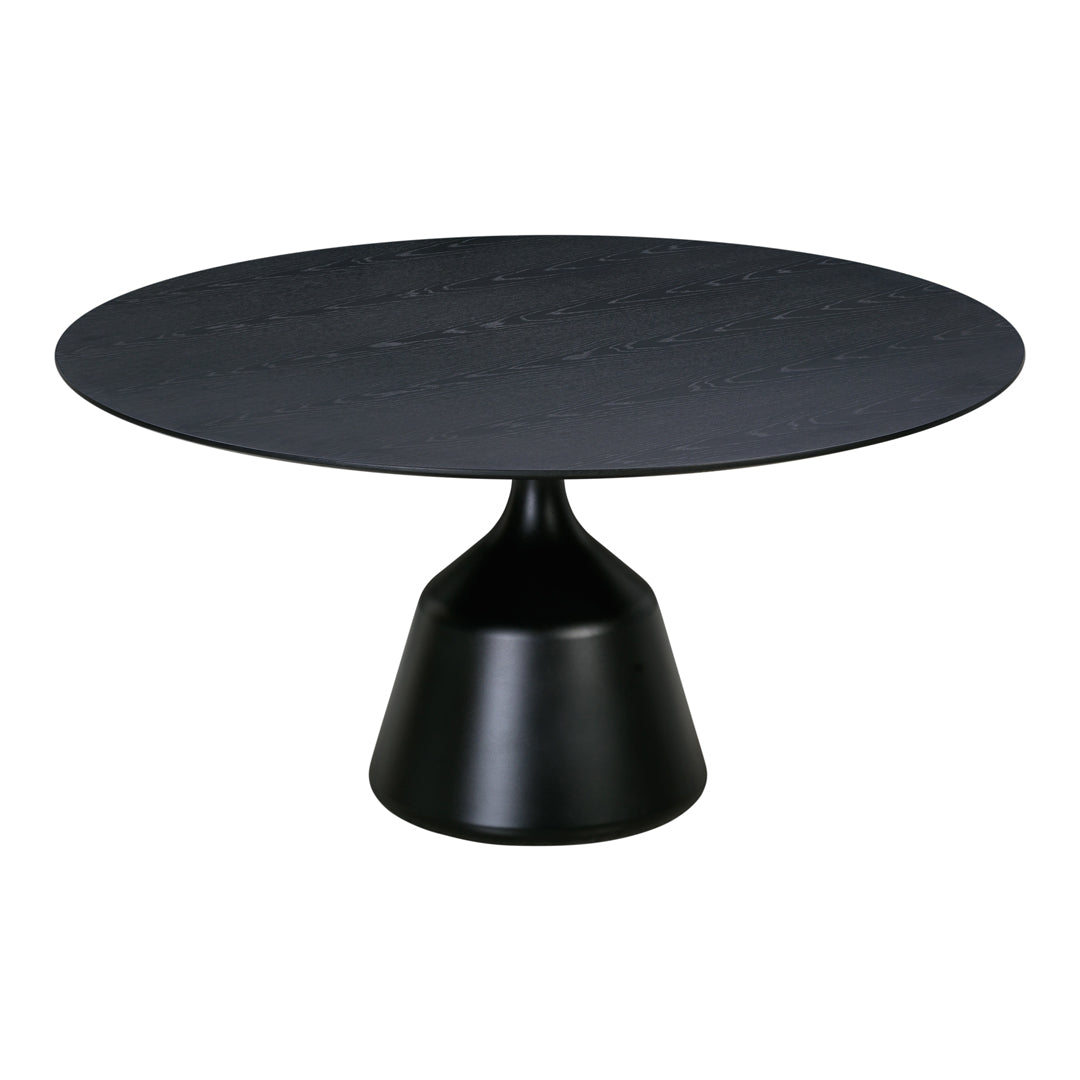 Round black table with a textured top and sleek cone-shaped base, perfect for modern decor.