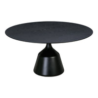Round black table with a textured top and sleek cone-shaped base, perfect for modern decor.