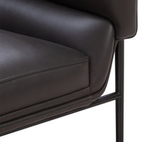 Black leather armchair with smooth finish and sleek metal frame. Modern design ideal for stylish interiors.