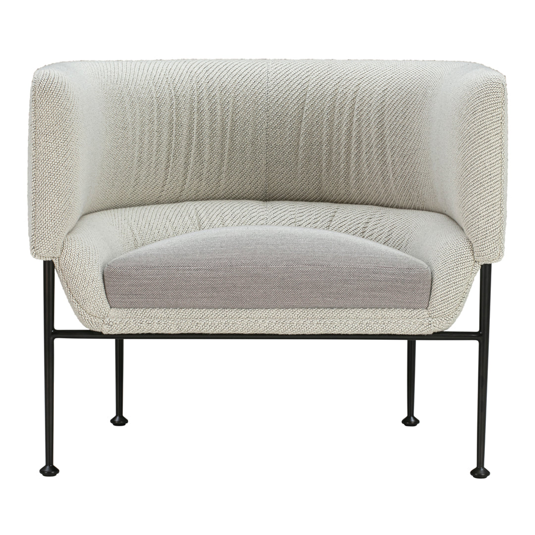 Textured cream and gray chair with a contemporary design and black metal legs. Perfect for modern decor.