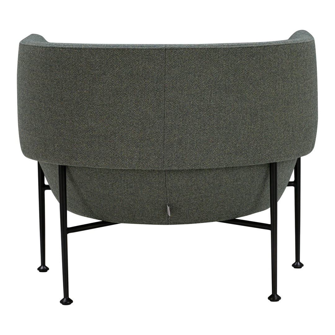 Curved gray fabric chair with subtle texture and sleek black metal legs, perfect for modern decor.