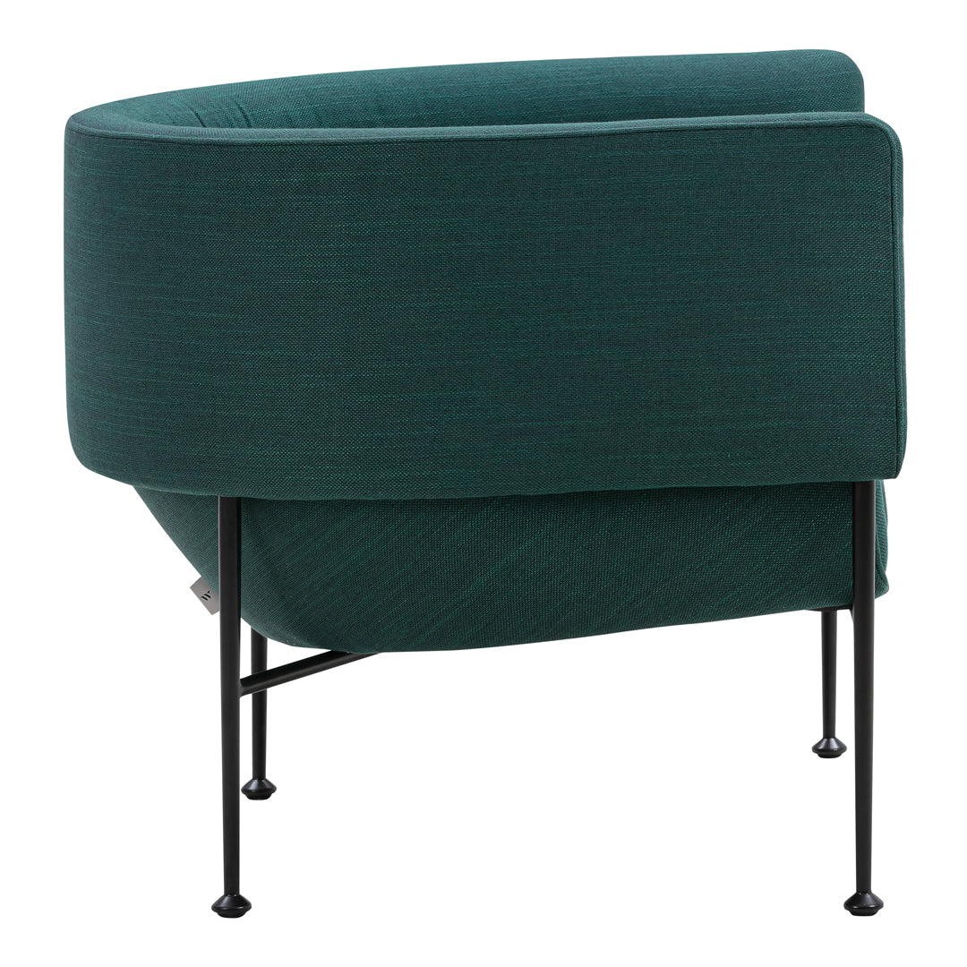 Teal curved chair with a textured fabric finish and sleek black metal legs. Modern and stylish design for any room.