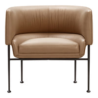 Tan leather armchair with smooth, curved design and sleek black metal legs, adding modern elegance to any space.