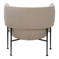 Beige textured upholstery on a modern chair with black metal legs, showcasing a minimalist design.