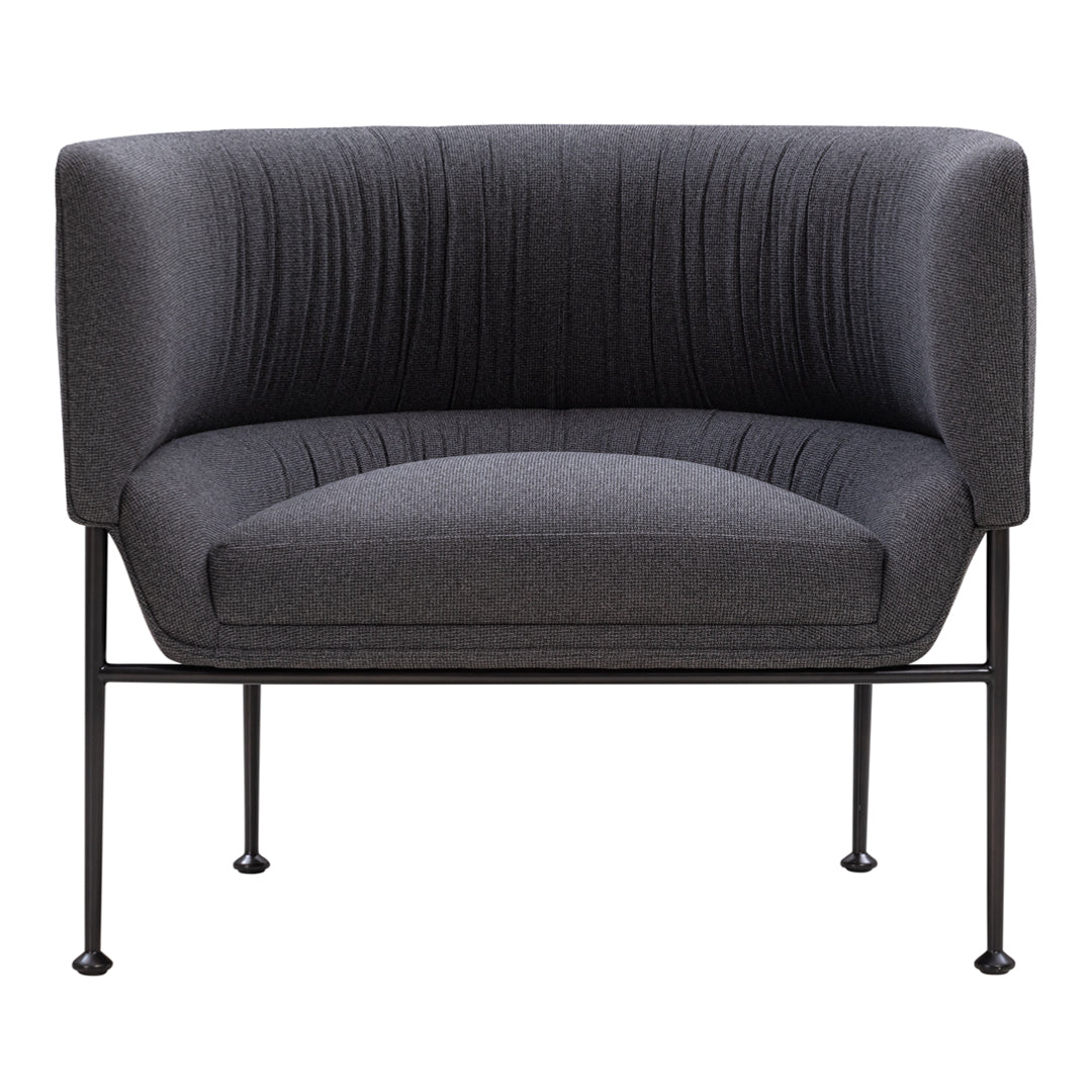 Gray upholstered chair with tufted pattern and sleek black metal legs, perfect for modern decor.