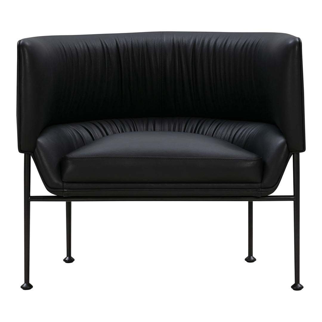 Black leather armchair with a sleek, ribbed design and minimalist black metal legs.