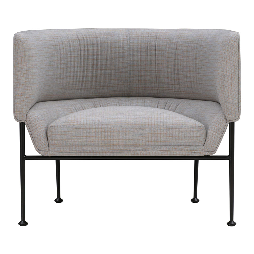 Gray textured fabric chair with minimalist black metal legs, featuring subtle patterns for a modern look.