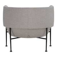 Gray patterned upholstered chair with a sleek black metal frame and minimalist design.