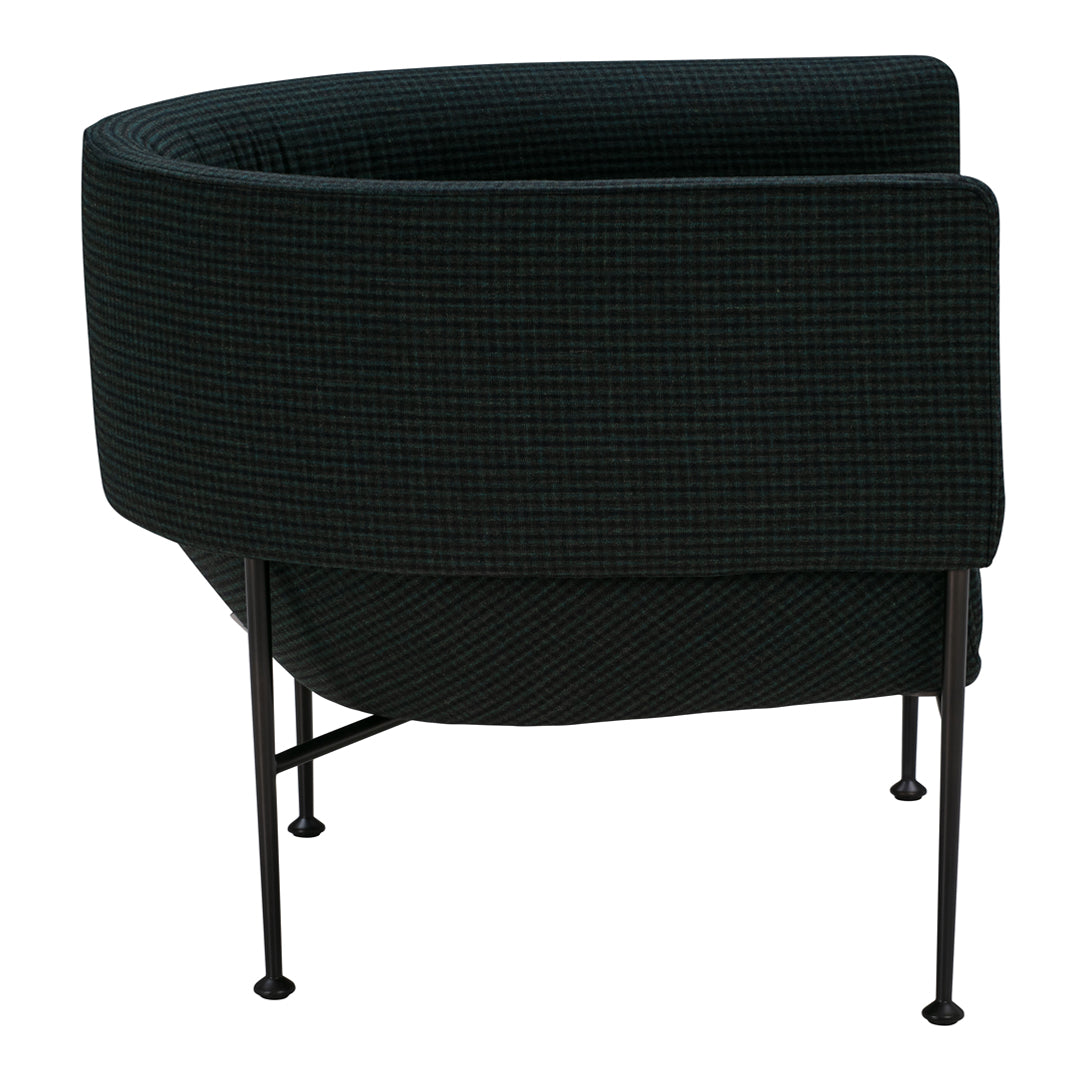 Curved black armchair featuring a textured pattern and sleek metal legs, ideal for modern interiors.