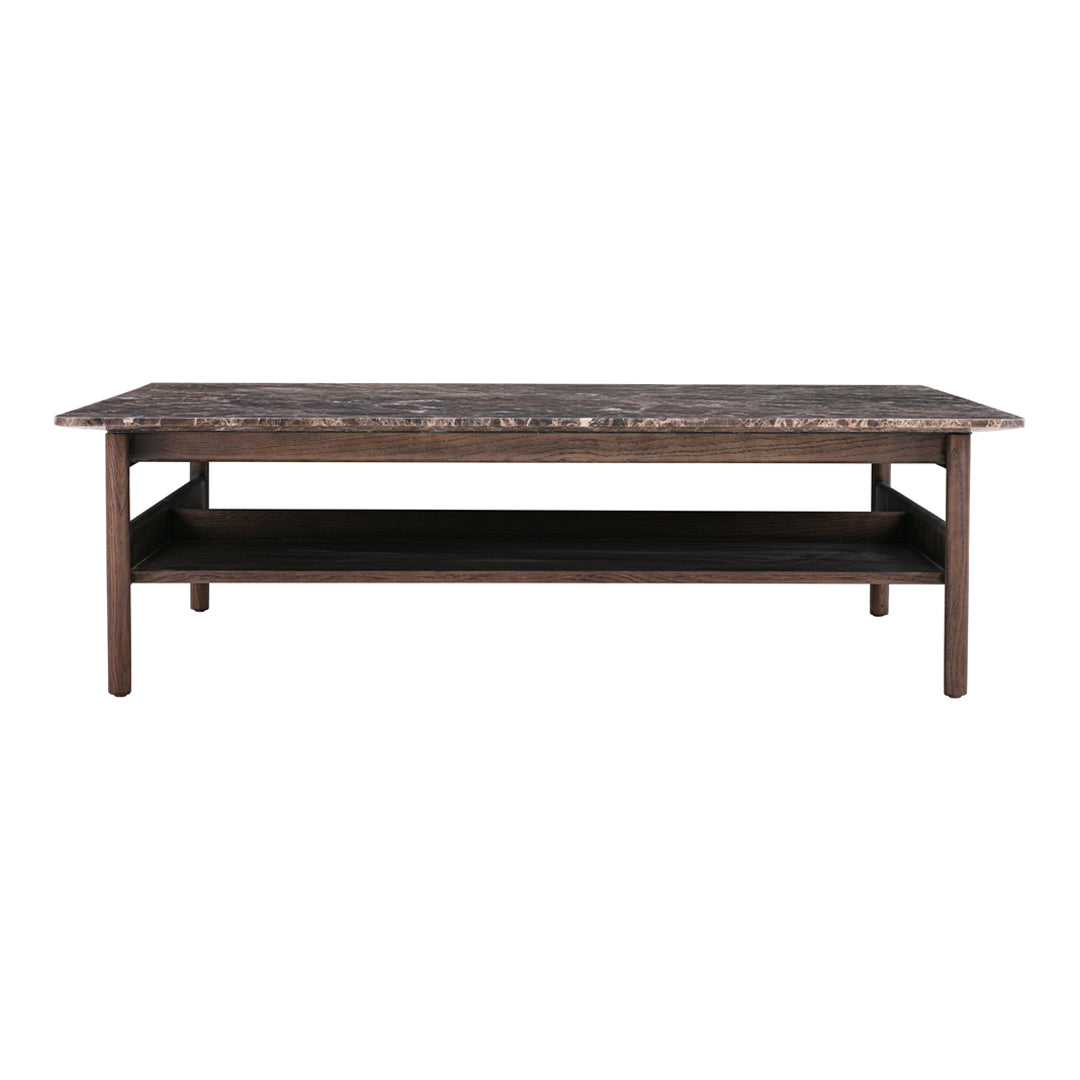 Brown wooden coffee table with a stylish marble-patterned top and a lower shelf for storage.