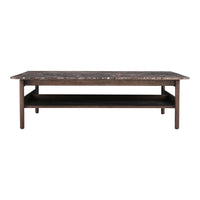 Brown wooden coffee table with a stylish marble-patterned top and a lower shelf for storage.