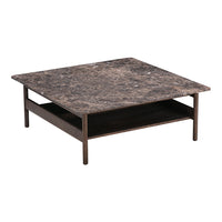 Square coffee table with a dark marble top and sleek black wood legs, showcasing a sophisticated natural pattern.