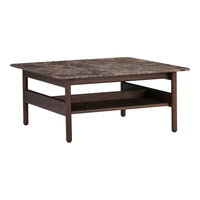 Brown marble tabletop with dark wooden legs and open shelf below, showcasing a sleek modern design.