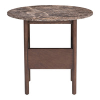 Round table with a dark marble top and rich brown wood legs, featuring a sleek, modern design and subtle grain pattern.