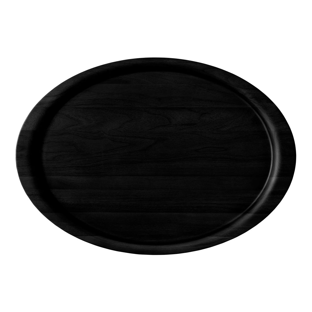 Black oval wooden serving tray with a smooth, matte finish and subtle wood grain pattern. Elegant and versatile design.