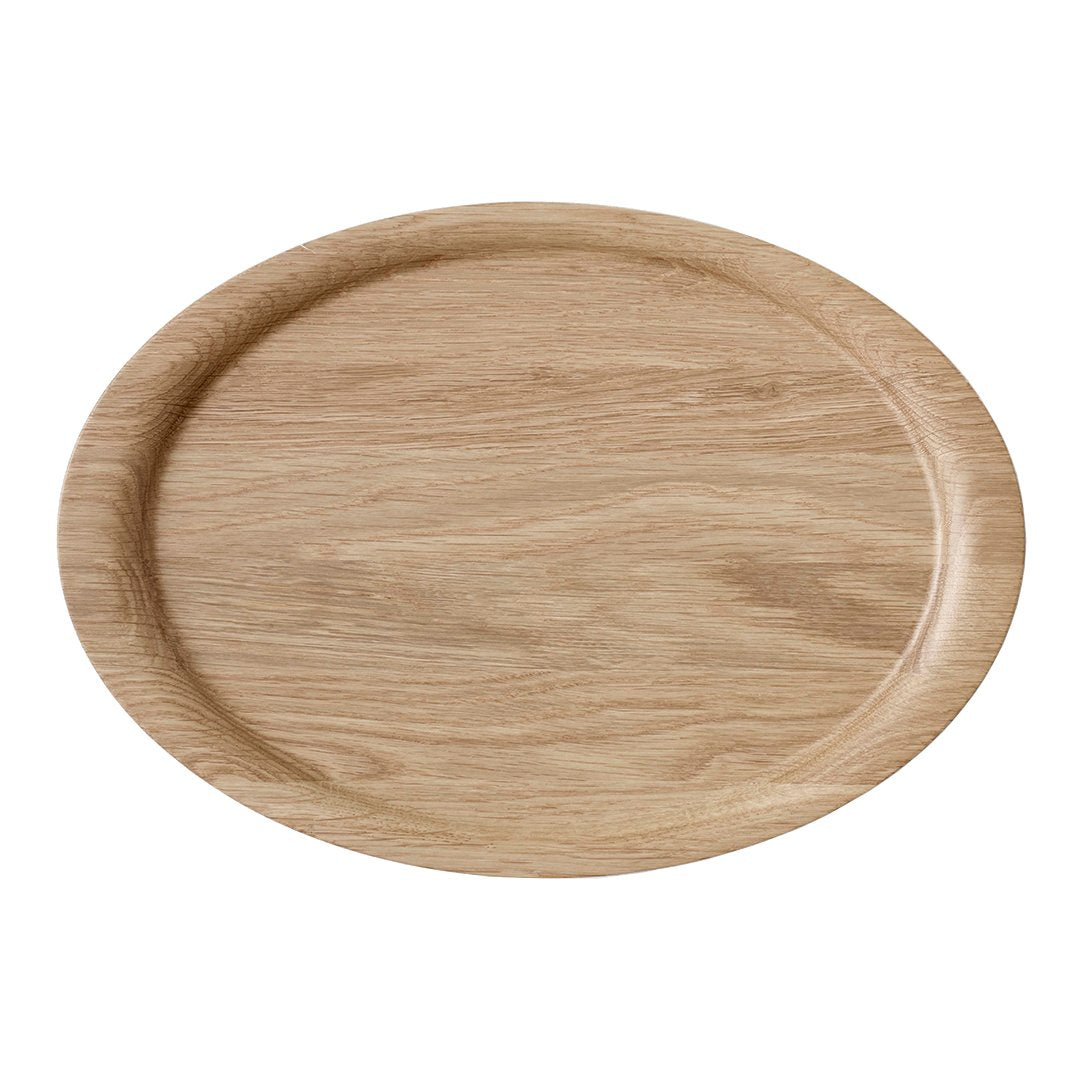 Oval wooden serving tray in a light oak finish, featuring a smooth, natural wood grain pattern.