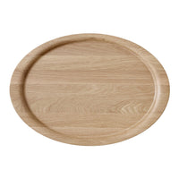 Round wooden serving tray with a light oak finish and subtle grain patterns. Perfect for dining or décor.