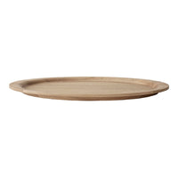 Light wood round serving platter with a smooth, natural finish. Minimalist design enhances any table setting.