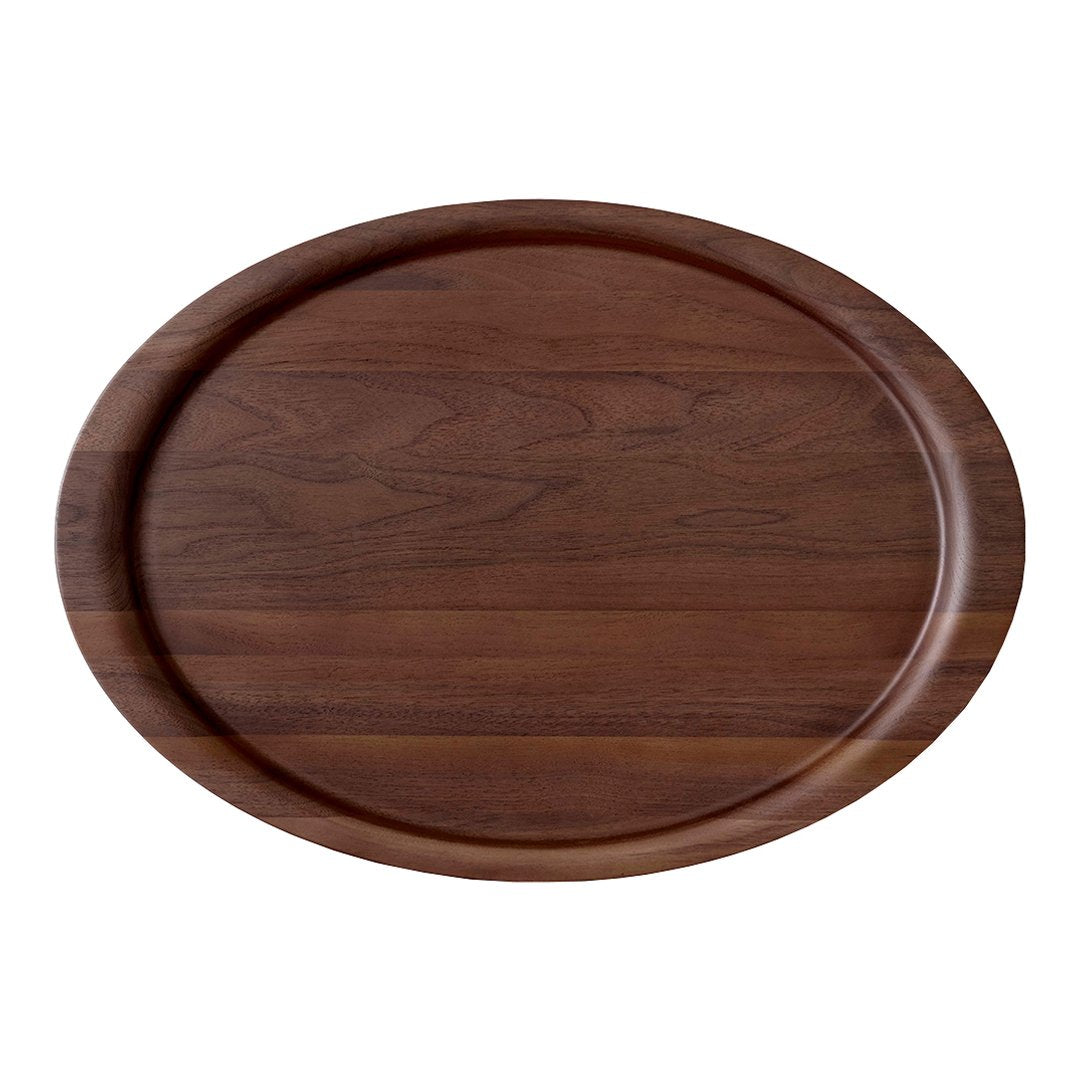 Oval wooden serving tray in deep brown with a smooth finish and subtle grain patterns. Ideal for stylish dining.