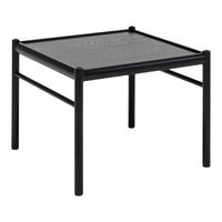 Black square side table with a smooth surface and sleek, minimalist design. Perfect for modern decor.
