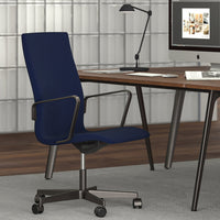 Navy blue upholstered office chair with sleek metal accents, set against a modern workspace backdrop.