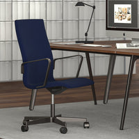 Navy blue office chair with a sleek design and a smooth fabric finish, set against a modern workspace backdrop.