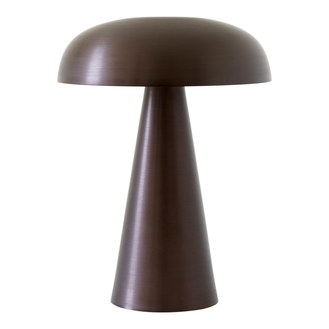 Modern brown table lamp with a sleek, conical base and rounded shade, featuring a matte finish for a contemporary look.