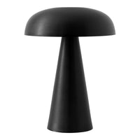 Black minimalist table lamp with a smooth, rounded top and conical base, perfect for modern decor.