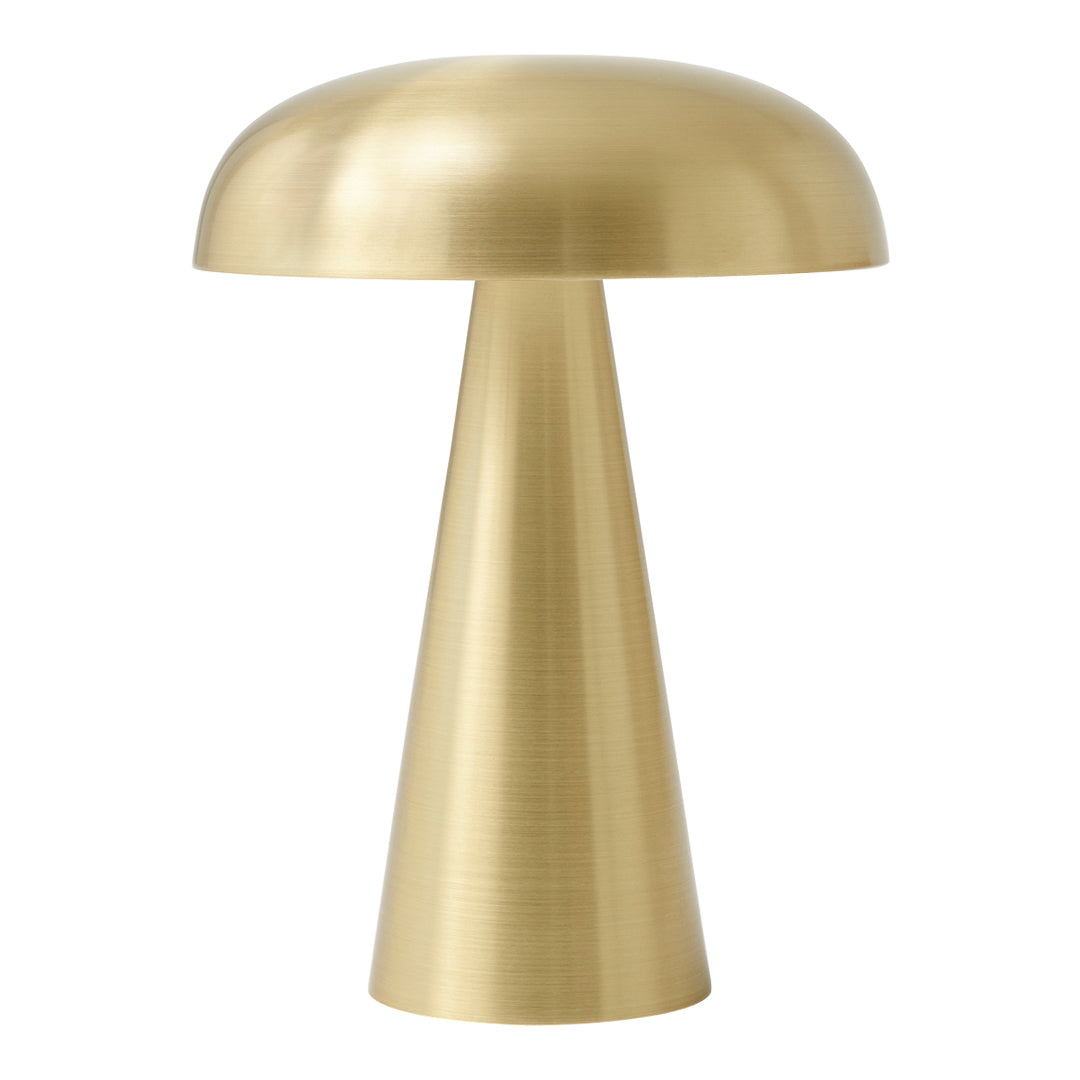 Brushed brass lamp with a sleek, modern design featuring a conical base and a rounded shade.